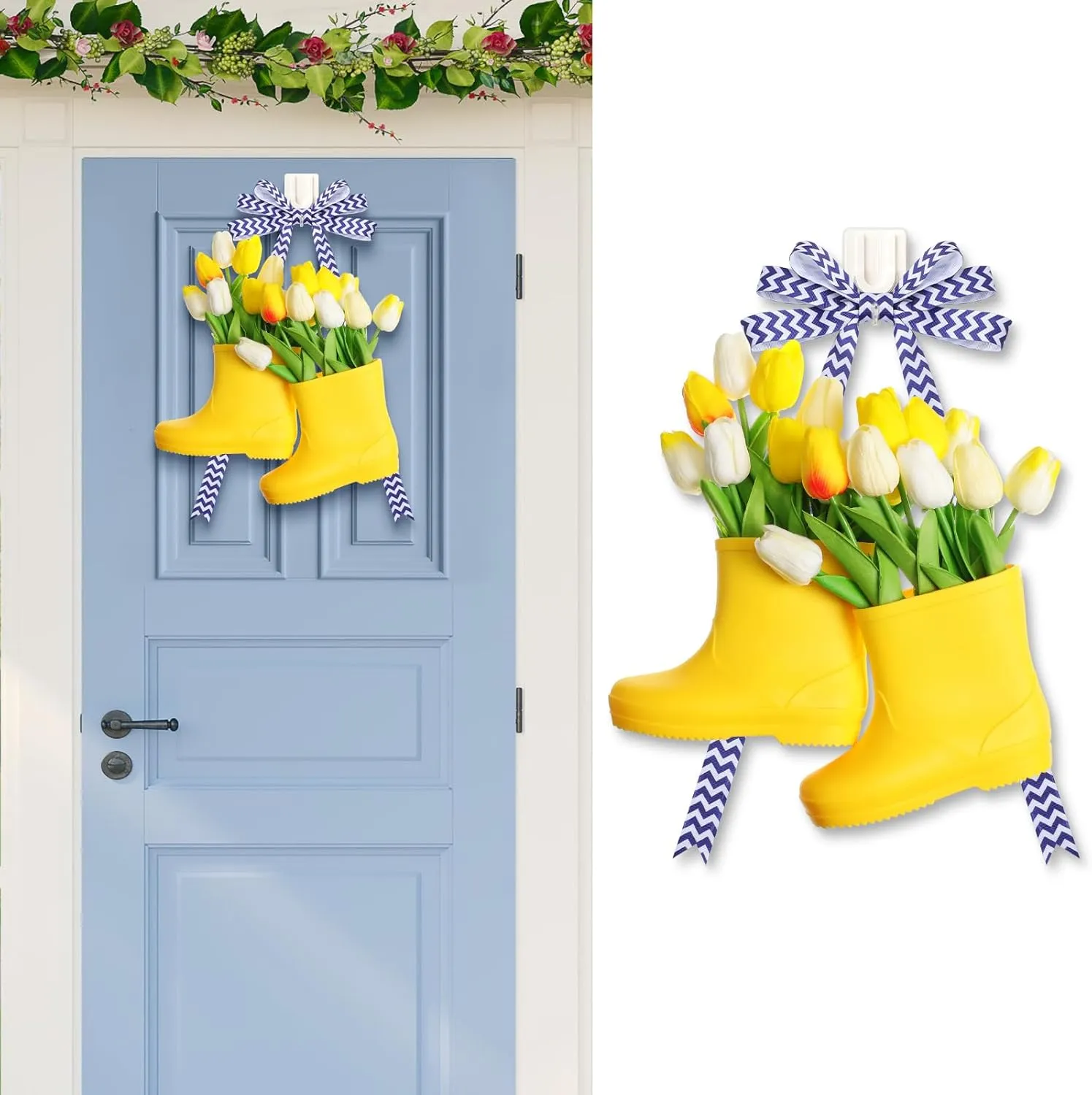 20 Pcs Spring DIY Rain Boot Wreath Front Door Hanging Artificial Flower Wreath with White and Yellow Tulips Wave Pattern Ribbon Rain Boot Wreath for Front Door Indoor Outdoor All Seasons