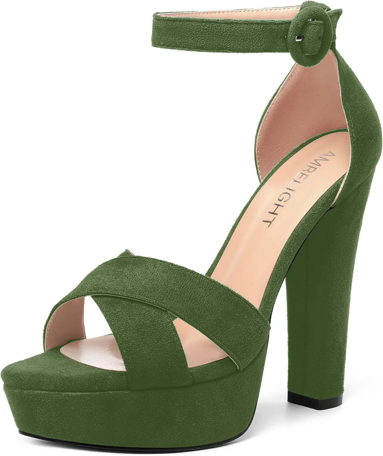 AMBELIGHT Womens Suede Heels Night Club Women Shoes Dress Platform Ankle Strap Open Toe Chunky High Heel Sandals 5 Inch