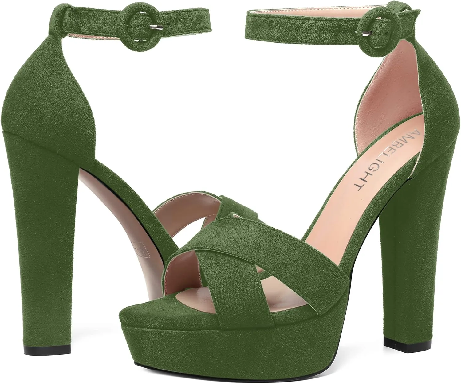 AMBELIGHT Womens Suede Heels Night Club Women Shoes Dress Platform Ankle Strap Open Toe Chunky High Heel Sandals 5 Inch