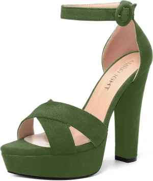 AMBELIGHT Womens Suede Heels Night Club Women Shoes Dress Platform Ankle Strap Open Toe Chunky High Heel Sandals 5 Inch