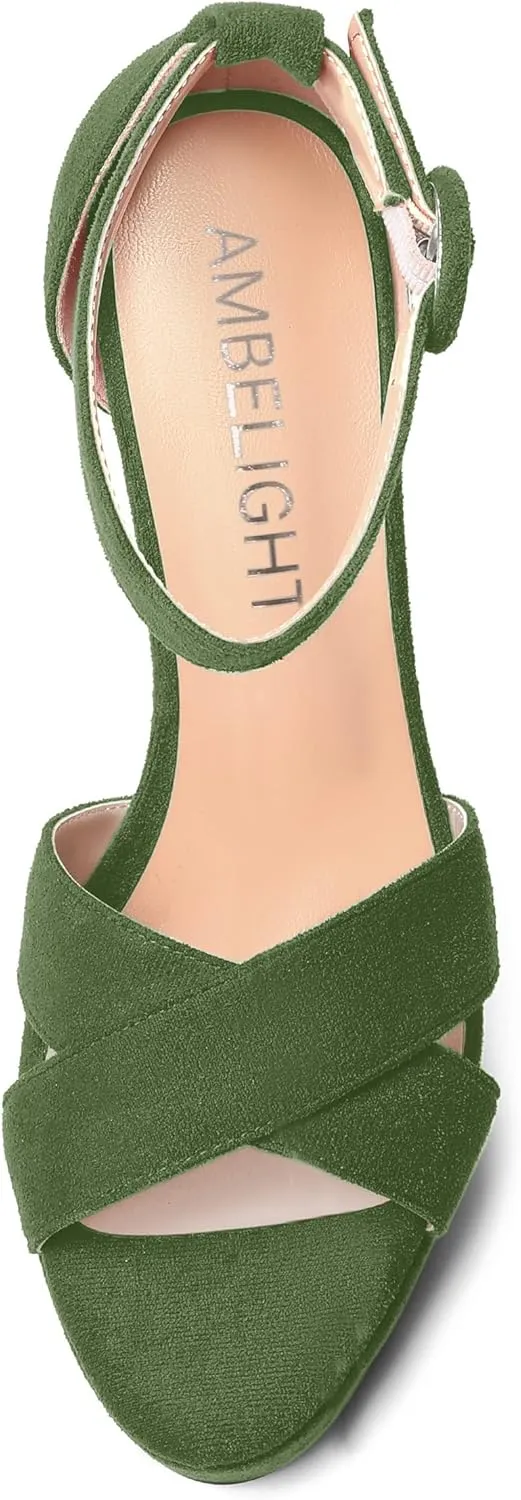 AMBELIGHT Womens Suede Heels Night Club Women Shoes Dress Platform Ankle Strap Open Toe Chunky High Heel Sandals 5 Inch