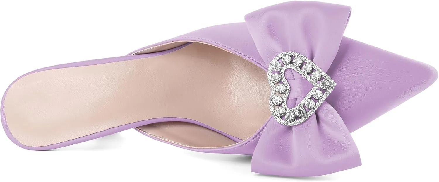 AUMOTED Women Kitten Heel Mules Rhinestone Bow Sandals Pointed Toe Heeled Mule Slip On Low Heels Slipper Glitter Mesh Wedding Bridal Shoes 2.5 Inch