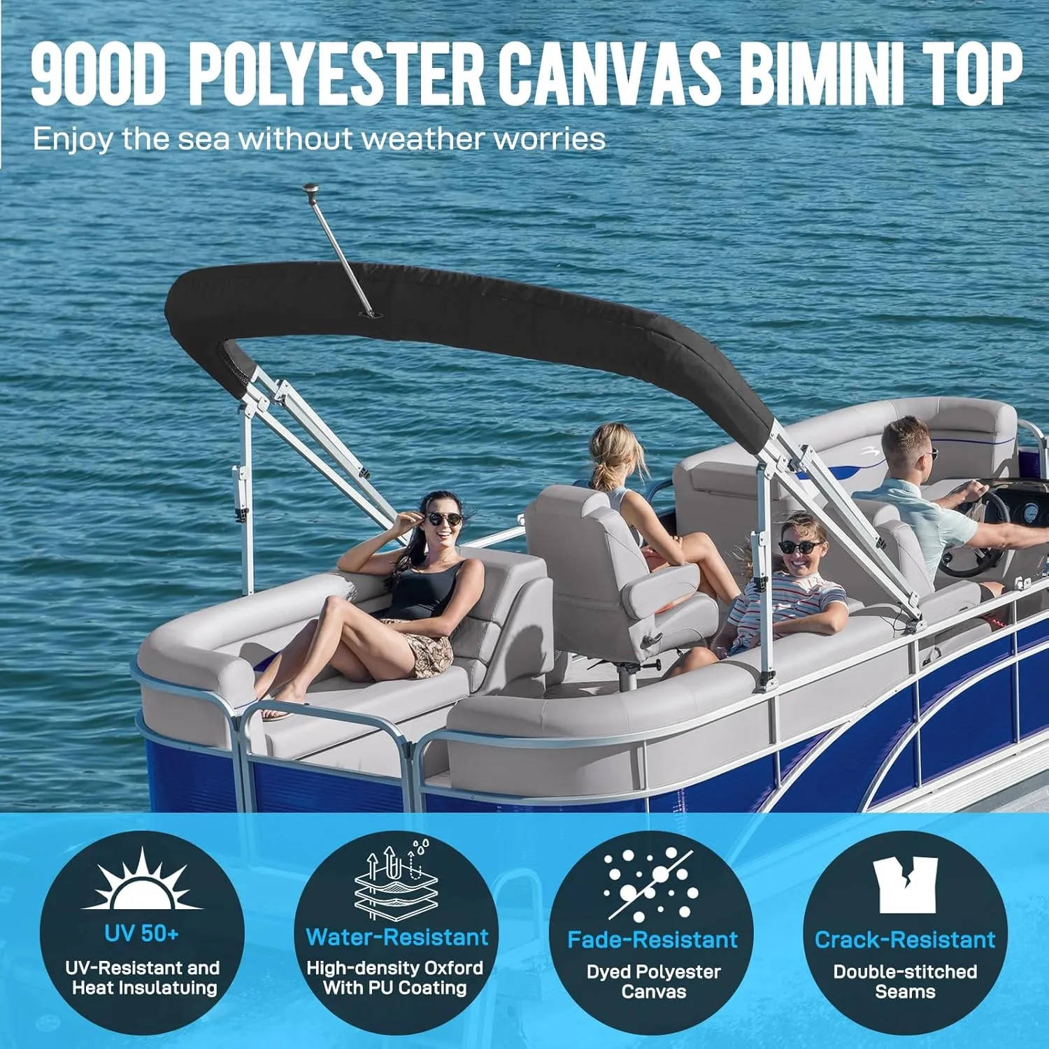 Bimini Top Storage Boot Cover with Light Hole, 4 Bow 91"-96" W, Durable Heavy Duty Waterproof 900D Marine Grade, Pontoon Bimini Top Replacement Boot, Black