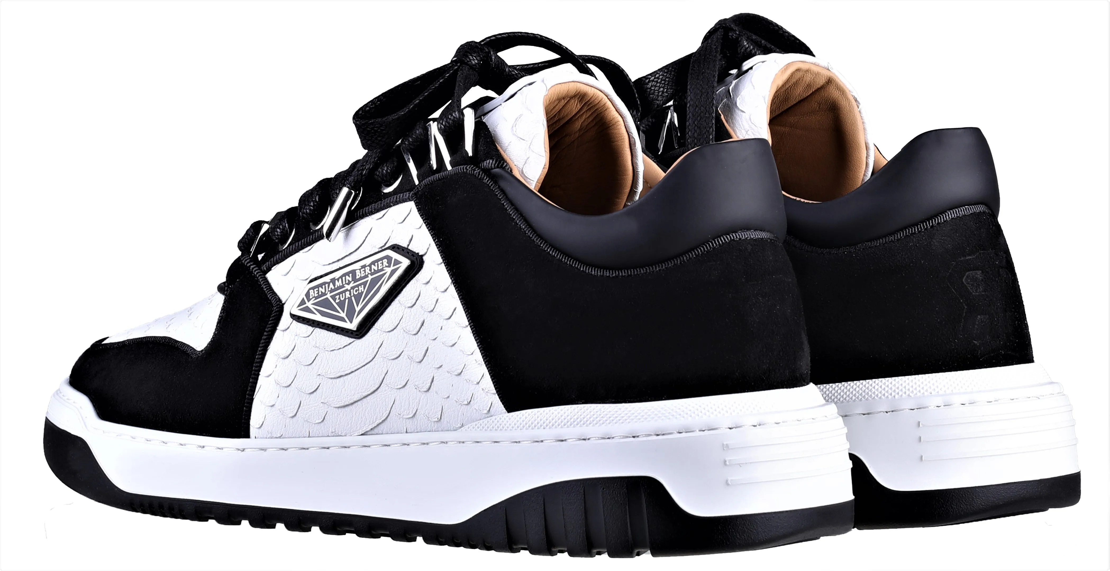 BNJ SIGMA Low-Top WHITE PYTHON CUT NAPPA-BLACK VELVET SUEDE
