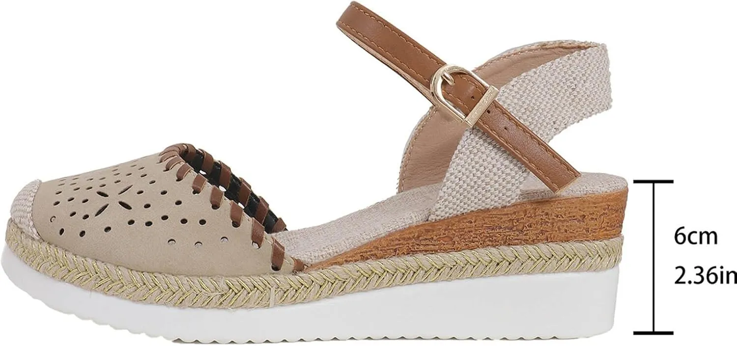 Closed Toe Platform Wedge for Women Dressy Hollow Out Ankle Strap Espadrille Sandals Slip On Orthopedic Sandals