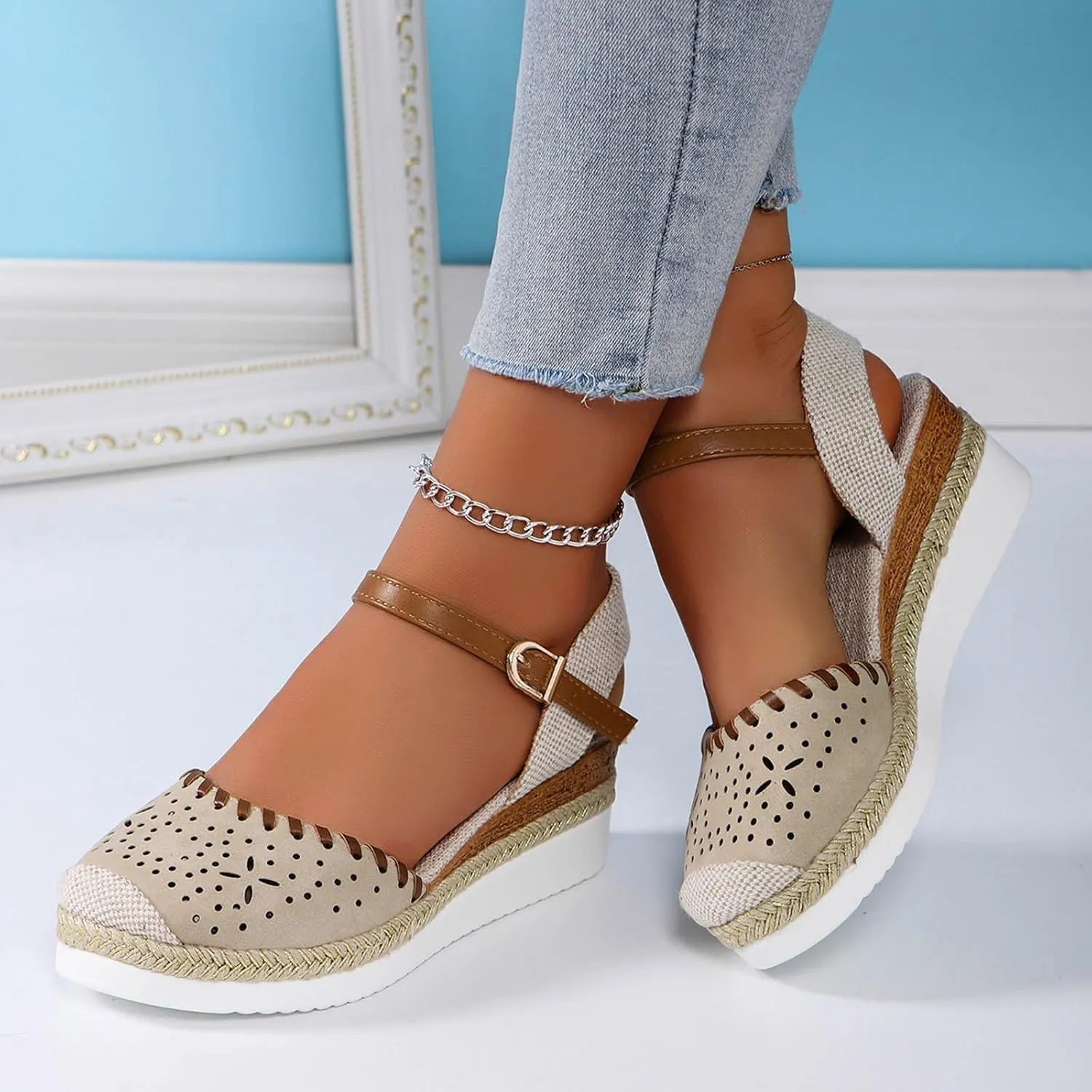 Closed Toe Platform Wedge for Women Dressy Hollow Out Ankle Strap Espadrille Sandals Slip On Orthopedic Sandals
