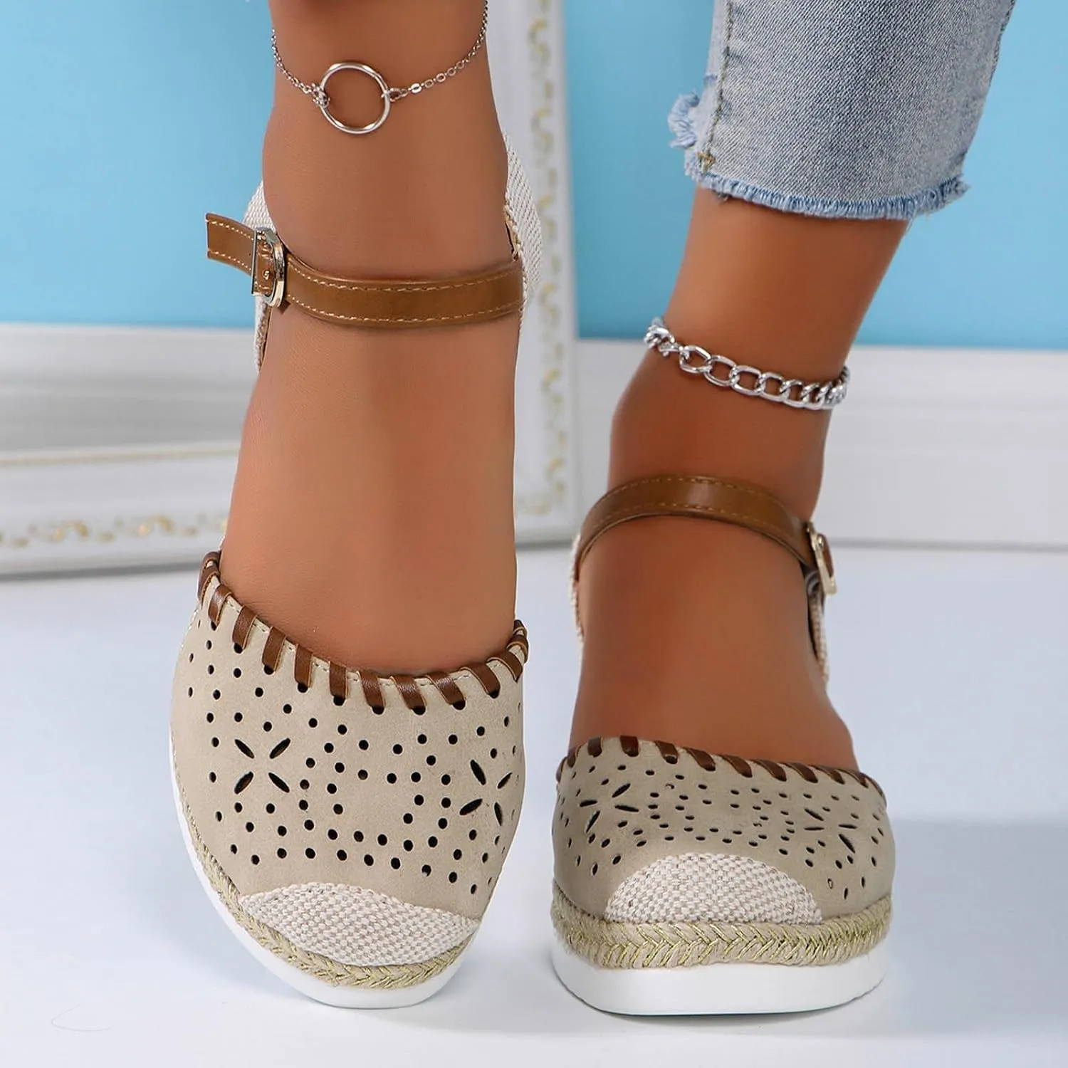 Closed Toe Platform Wedge for Women Dressy Hollow Out Ankle Strap Espadrille Sandals Slip On Orthopedic Sandals
