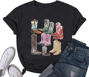 Cowboy Shirts for Women Western Cowgirl Country Graphic Tees Rodeo Boot Vintage T Shirts Music Cute Concert Outfit