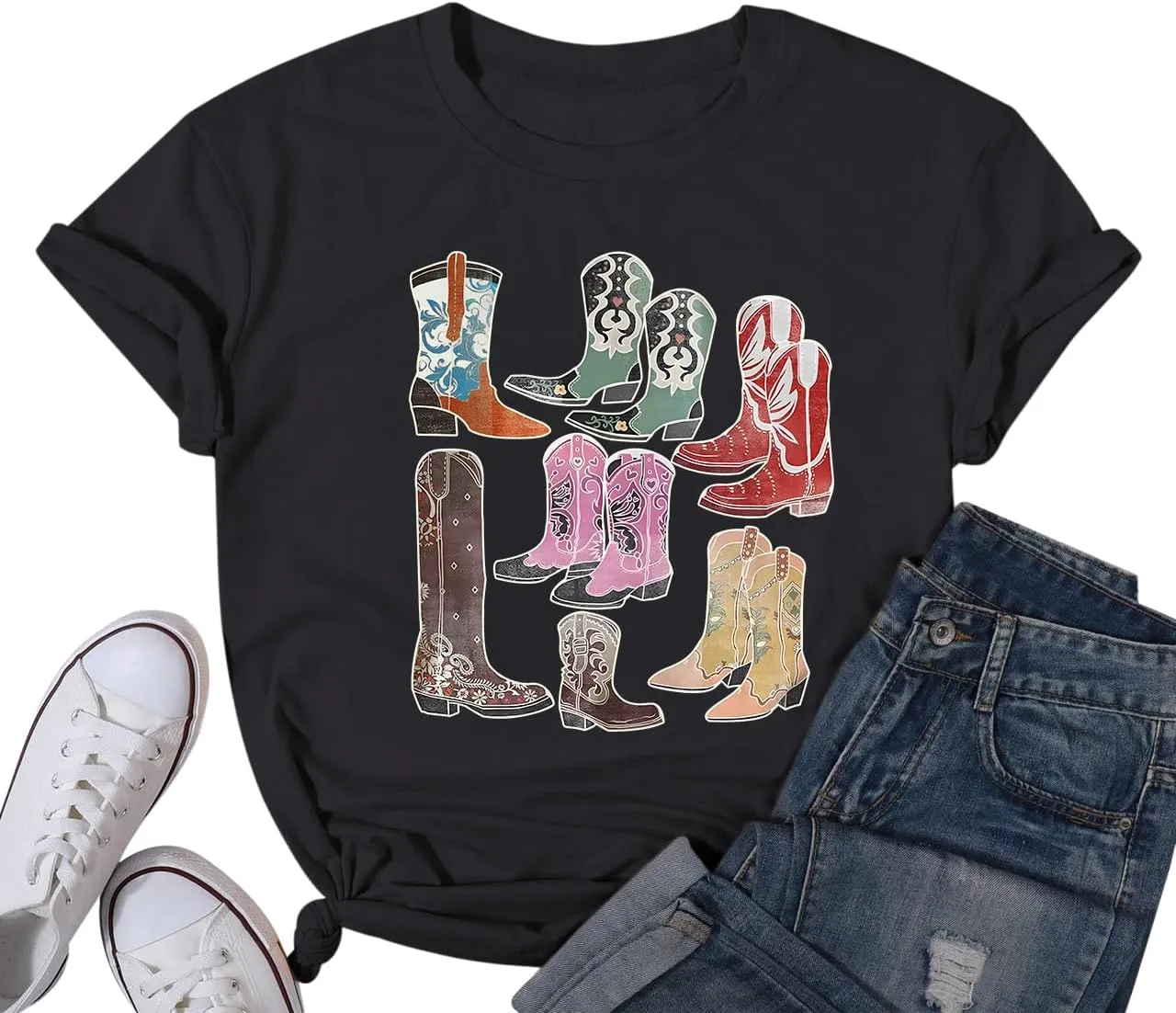 Cowboy Shirts for Women Western Cowgirl Country Graphic Tees Rodeo Boot Vintage T Shirts Music Cute Concert Outfit