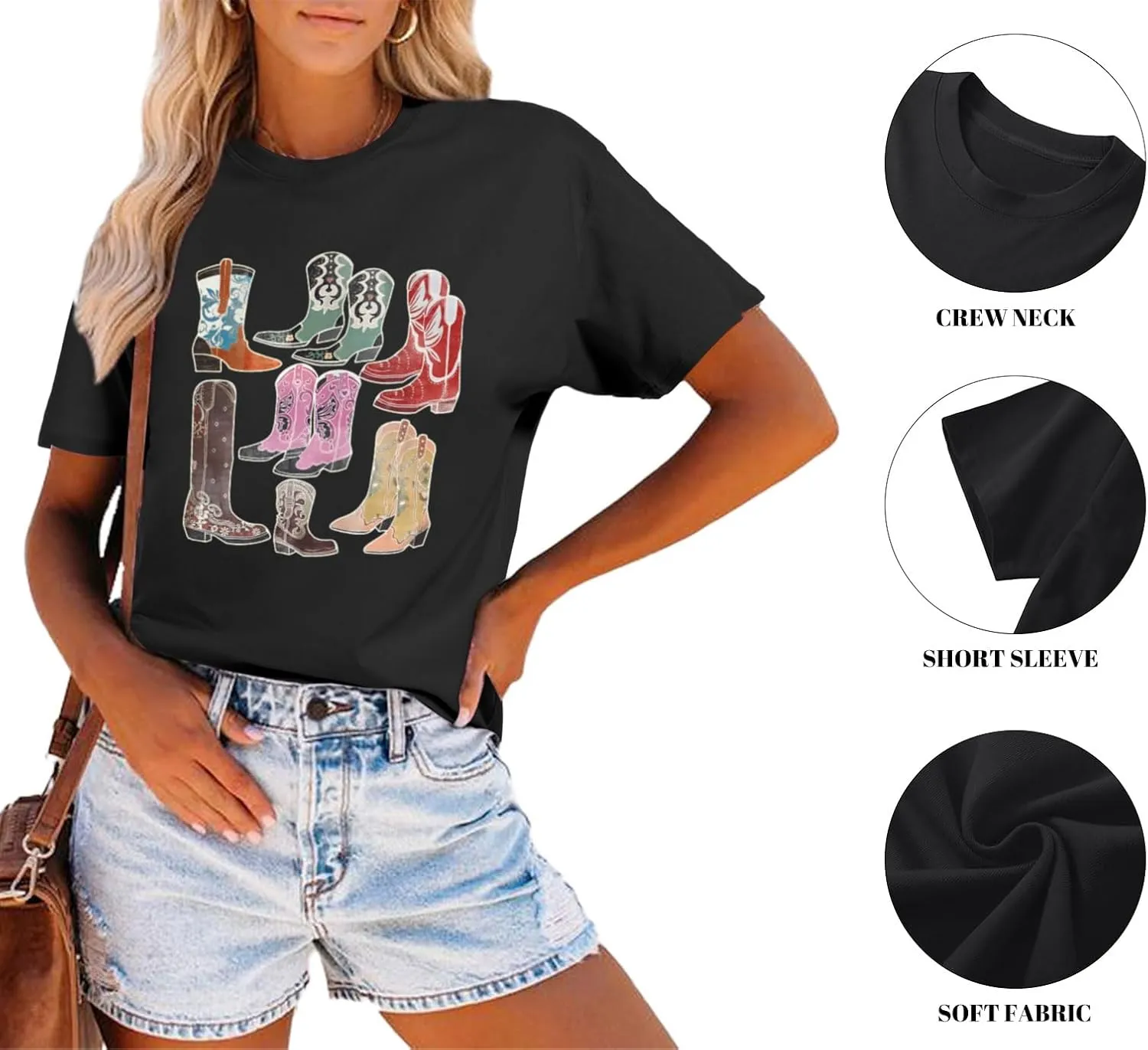 Cowboy Shirts for Women Western Cowgirl Country Graphic Tees Rodeo Boot Vintage T Shirts Music Cute Concert Outfit