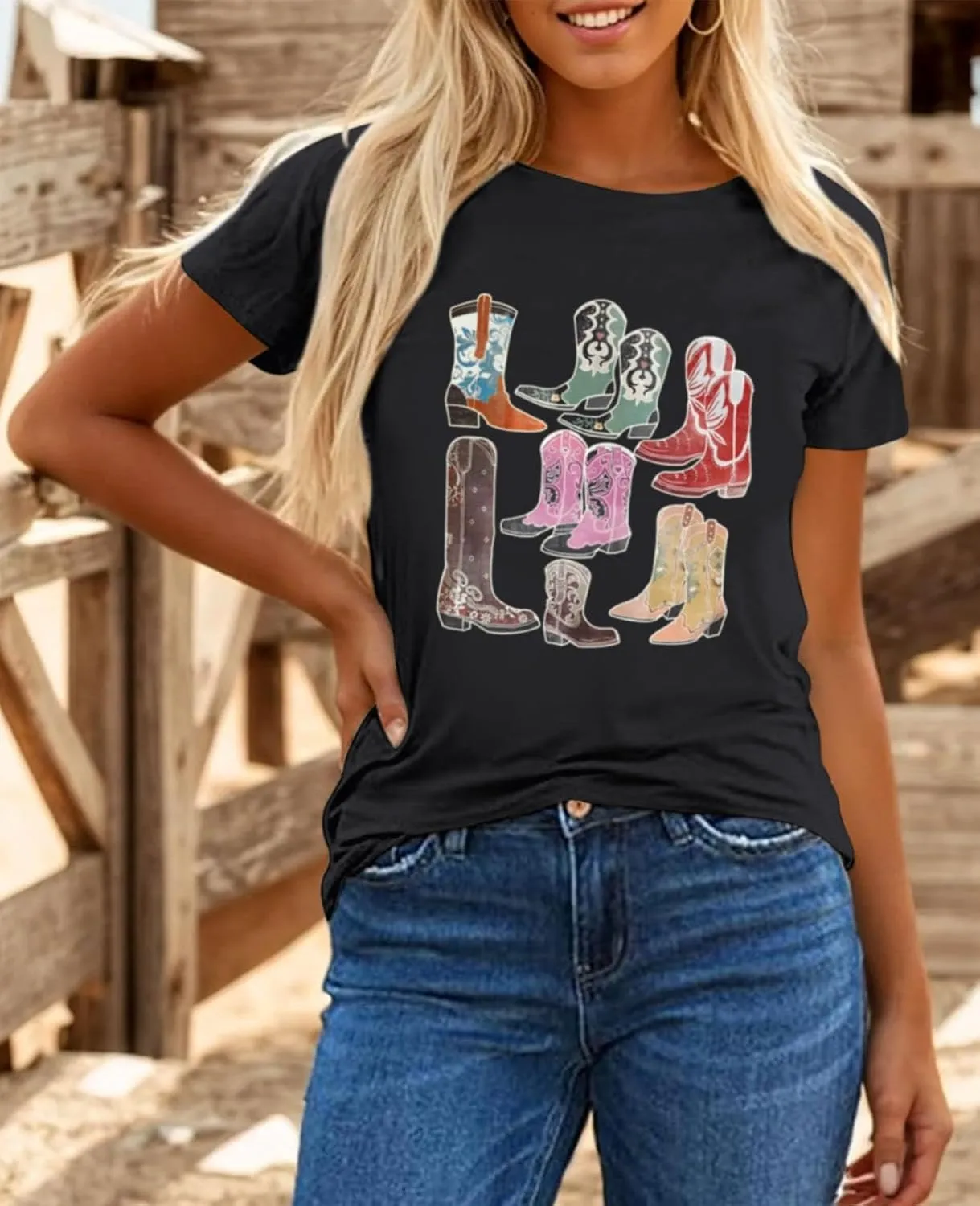 Cowboy Shirts for Women Western Cowgirl Country Graphic Tees Rodeo Boot Vintage T Shirts Music Cute Concert Outfit