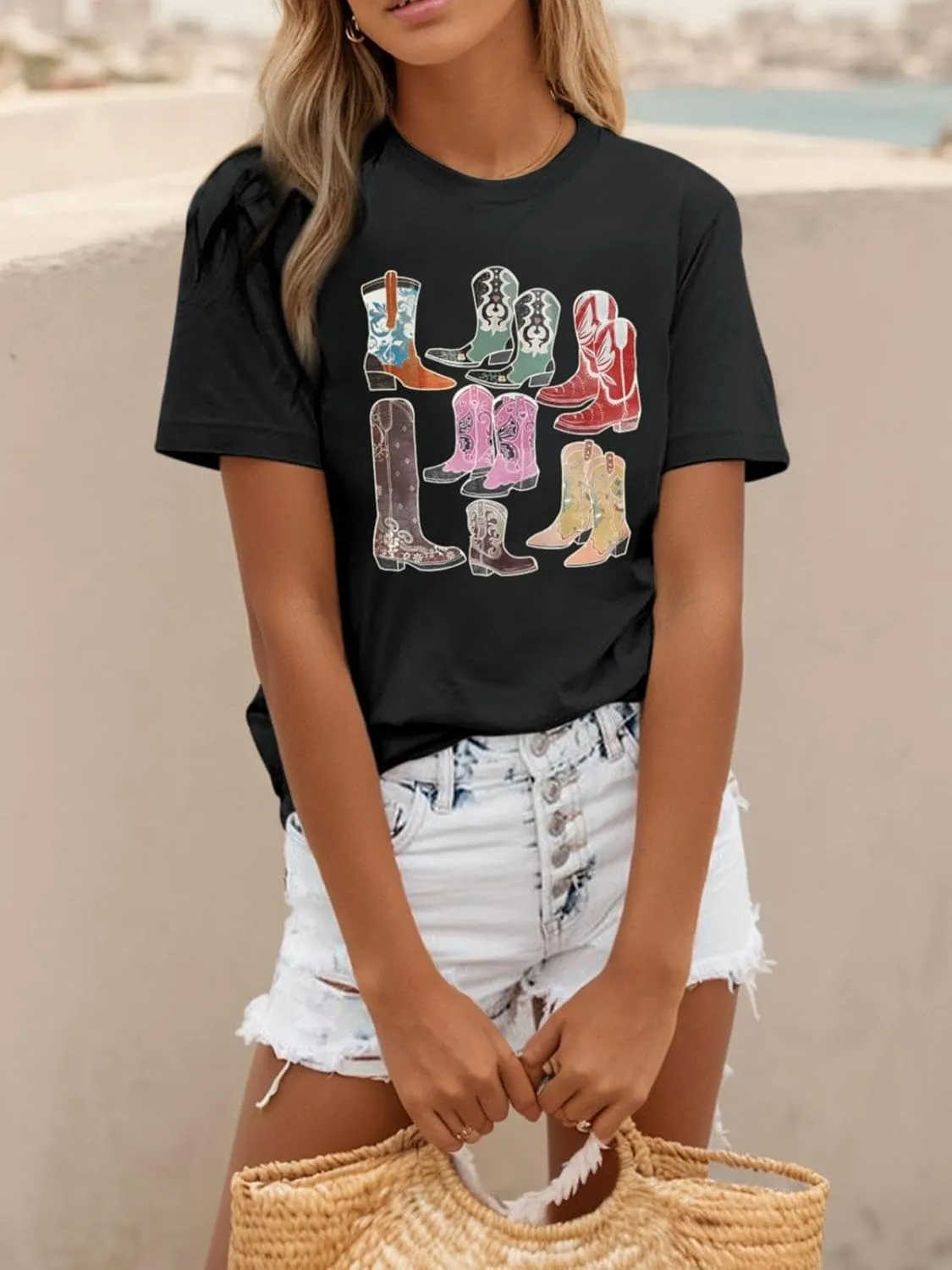 Cowboy Shirts for Women Western Cowgirl Country Graphic Tees Rodeo Boot Vintage T Shirts Music Cute Concert Outfit