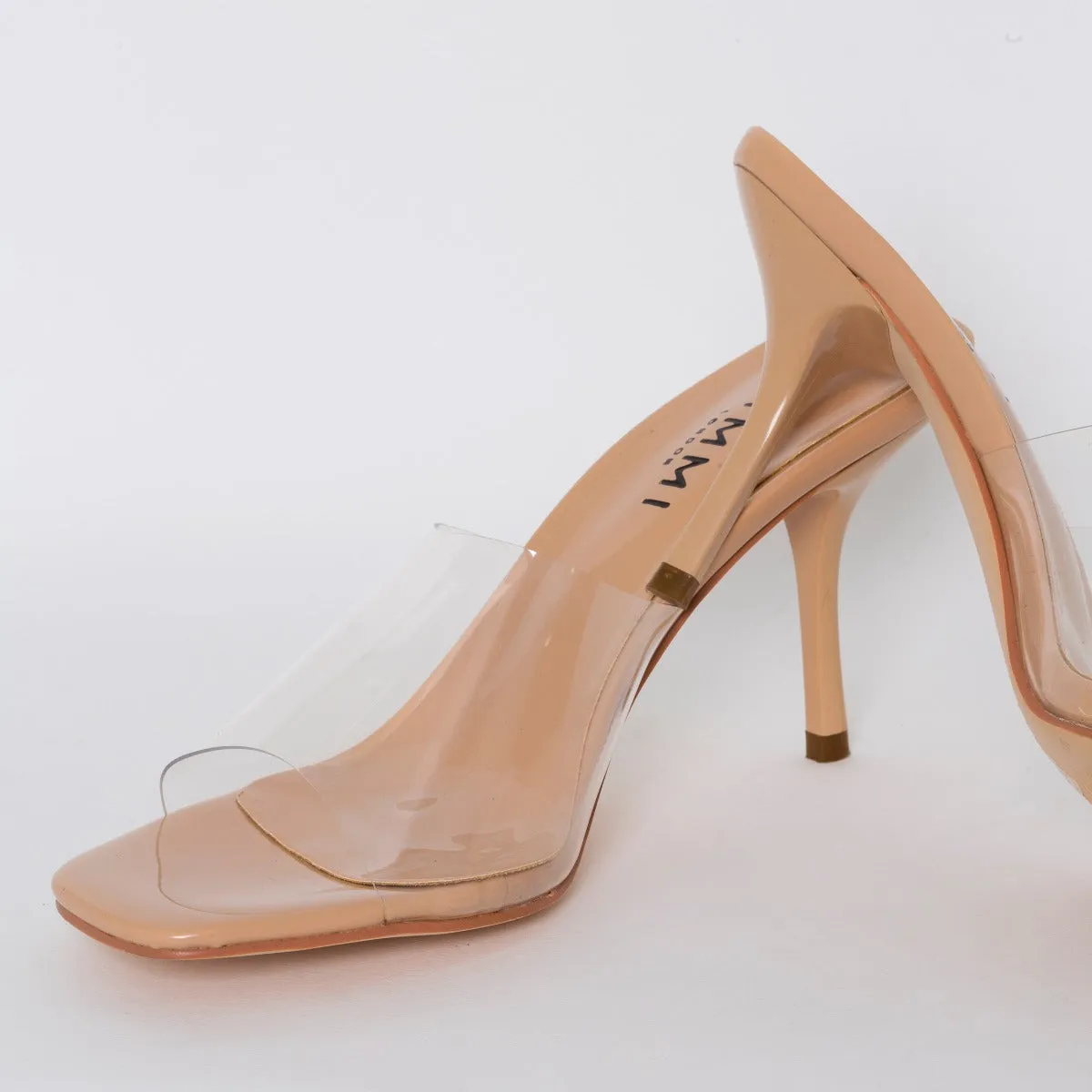 Elise Wide Fit Nude Patent Clear Mid Heel Mules