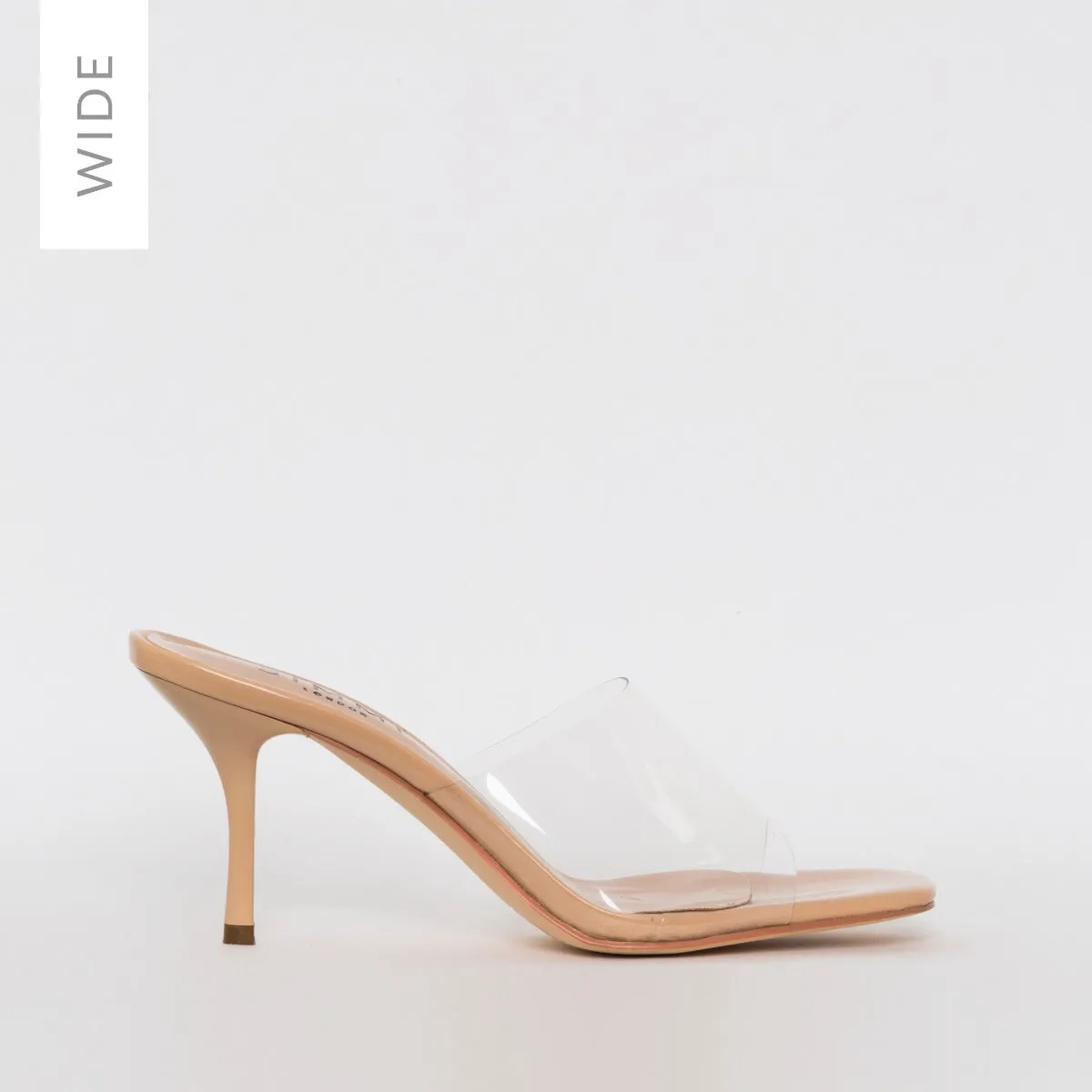 Elise Wide Fit Nude Patent Clear Mid Heel Mules