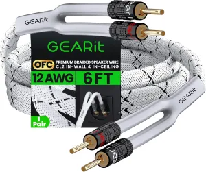 GearIT 12AWG Premium Heavy Duty Braided Speaker Wire (6 Feet) with Dual Gold Plated Banana Plug Tips - Oxygen-Free Copper (OFC) Construction, White