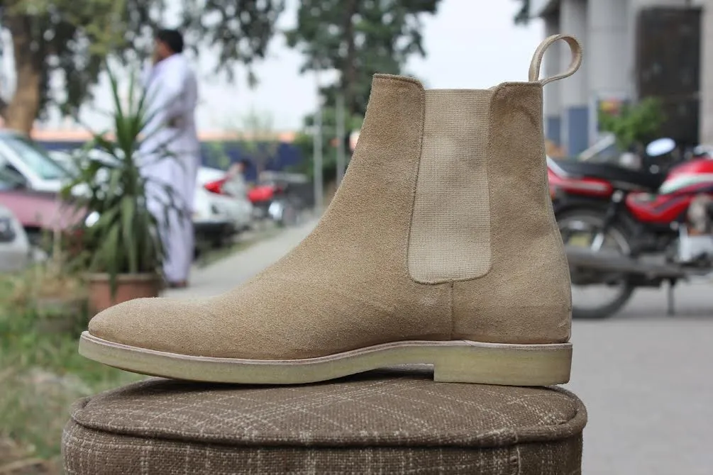 Handmade Beige Chelsea Suede Leather Boots for Men