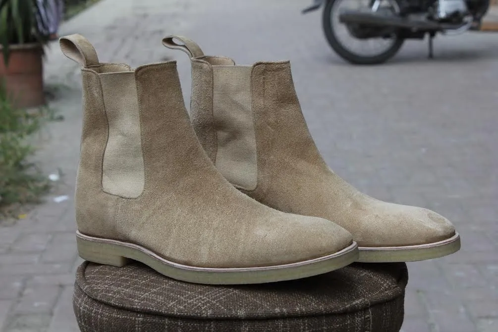 Handmade Beige Chelsea Suede Leather Boots for Men