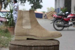 Handmade Beige Chelsea Suede Leather Boots for Men