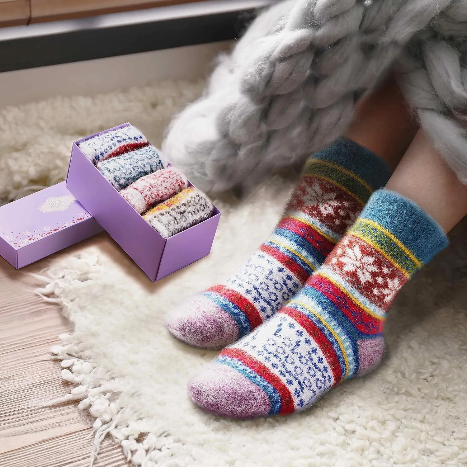 ICEIVY 5 Pair Fuzzy Cozy Socks for Women - Warm Comfy Soft Casual Home Sleep Winter Wool Socks - Gifts for Women