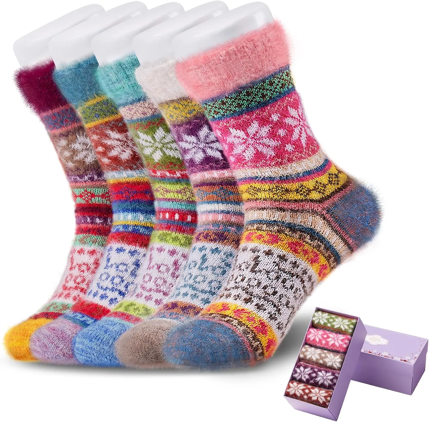 ICEIVY 5 Pair Fuzzy Cozy Socks for Women - Warm Comfy Soft Casual Home Sleep Winter Wool Socks - Gifts for Women