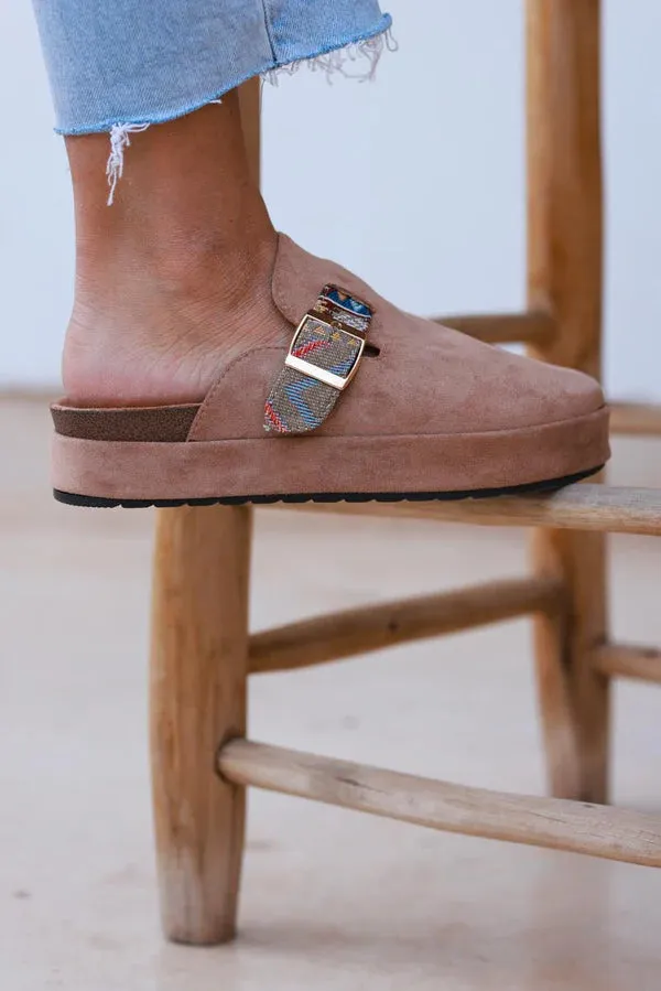 Light Brown Sueded Mules with Tribal Woven Strap