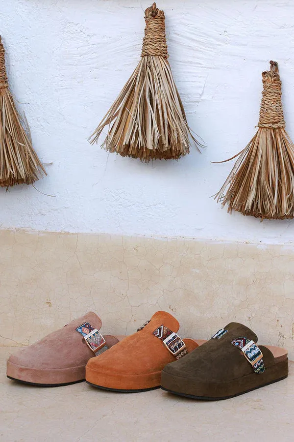 Light Brown Sueded Mules with Tribal Woven Strap