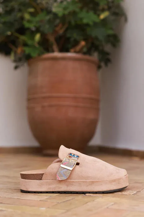 Light Brown Sueded Mules with Tribal Woven Strap