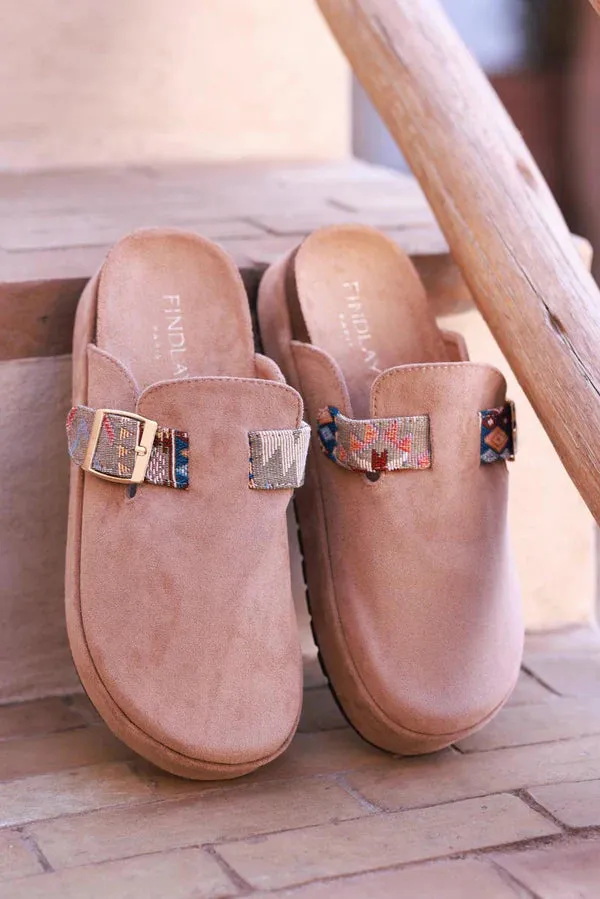 Light Brown Sueded Mules with Tribal Woven Strap
