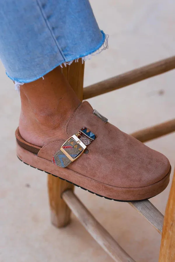 Light Brown Sueded Mules with Tribal Woven Strap