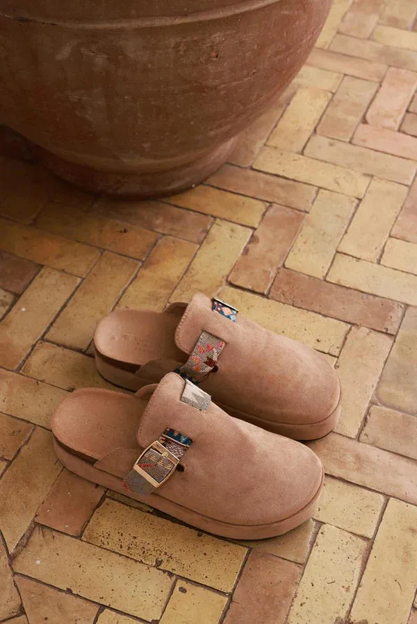 Light Brown Sueded Mules with Tribal Woven Strap