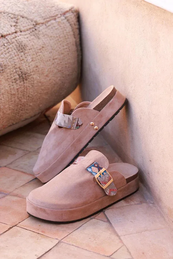 Light Brown Sueded Mules with Tribal Woven Strap