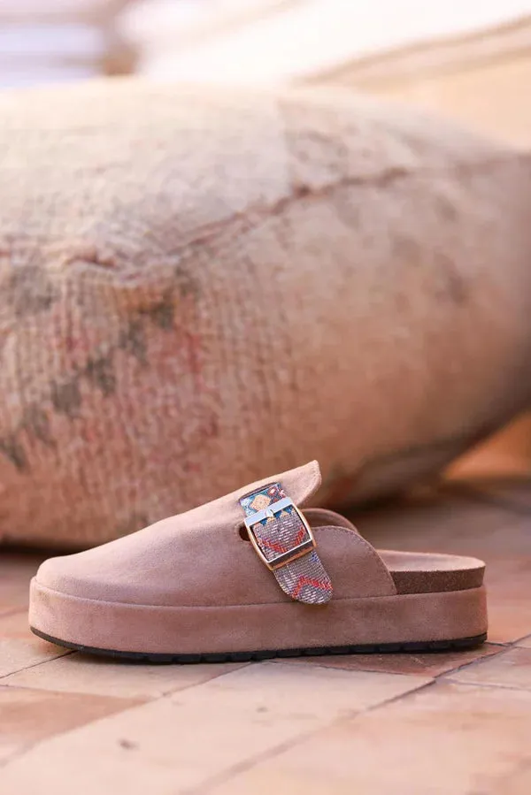 Light Brown Sueded Mules with Tribal Woven Strap