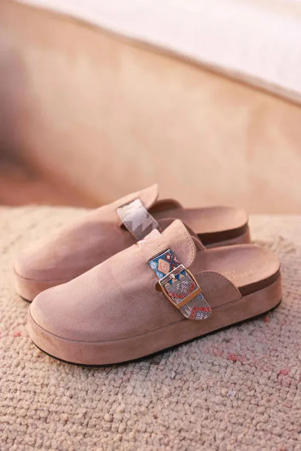 Light Brown Sueded Mules with Tribal Woven Strap