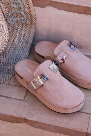 Light Brown Sueded Mules with Tribal Woven Strap