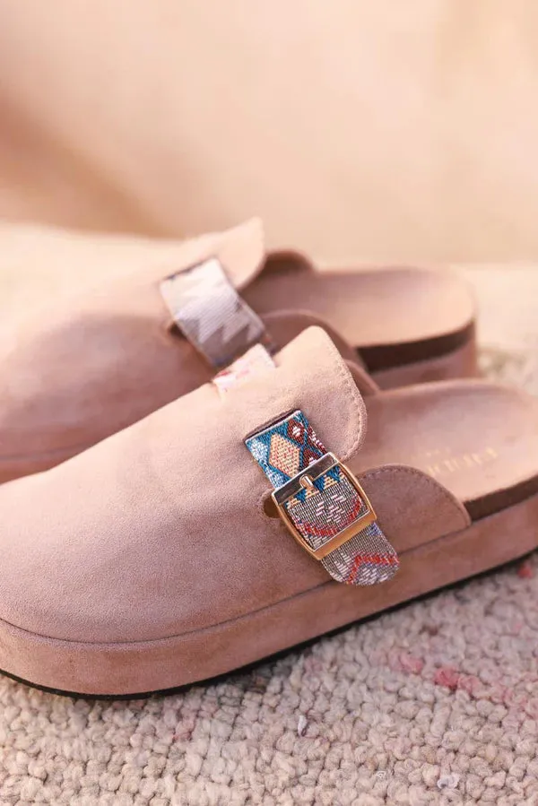 Light Brown Sueded Mules with Tribal Woven Strap