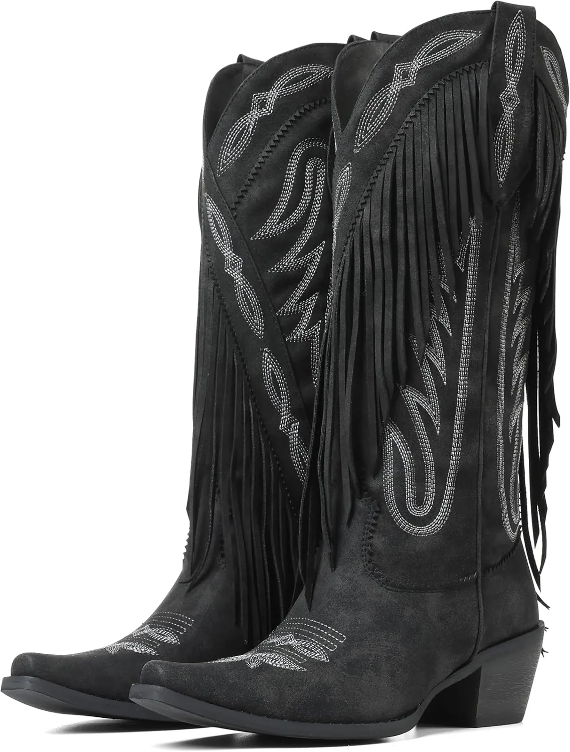Mattiventon Cowboy Boots for Women Fringe Knee High Cowgirl Western Boots with Classic Embroidery Pointed Toe Chunky Heel for Weddings Parties