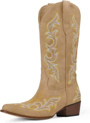 Ouepiano Cowboy Boots for Women Cowgirl Mid Calf Western Embroidered Chunky heels Pointed Toe Pull On Vintage Fashion Country Boot