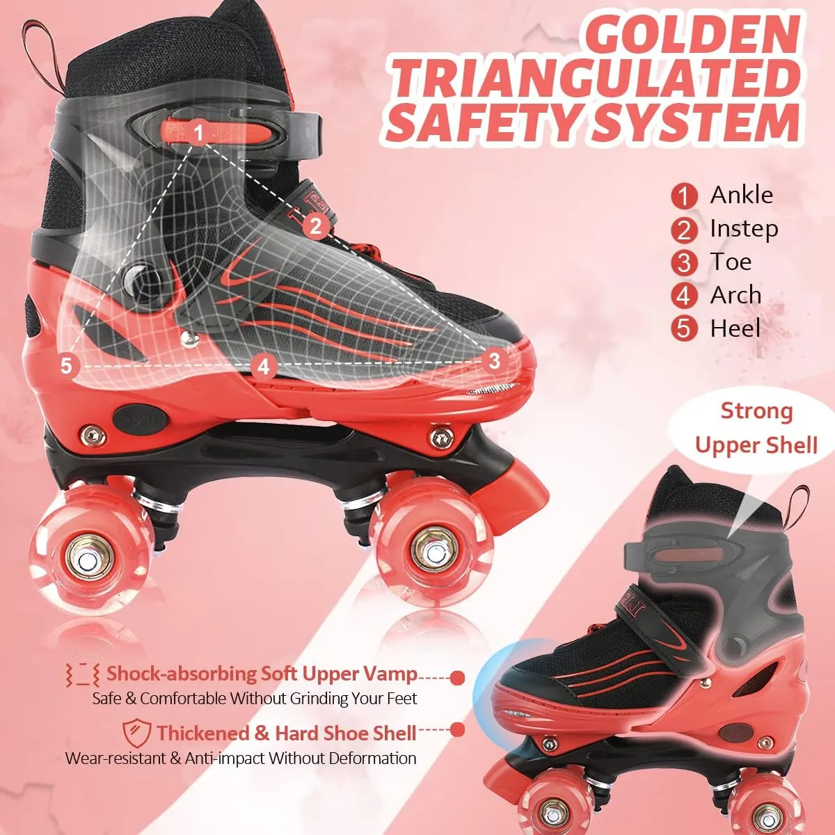 Roller Skates for Kids Boys Girls Toddler Ages 3-12, Adjustable 4 Sizes for Kids and Youth Teen with Light Up Wheels, Quad Red Roller Skates for Sports