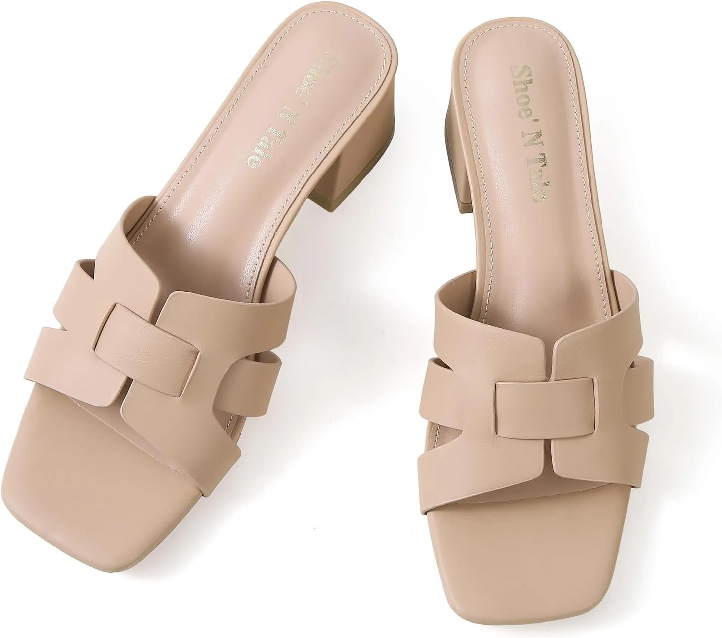 Shoe'N Tale Low Heels for Women Square Open Toe Mules Chunky Block Comfortable Slip On Dressy Sandals