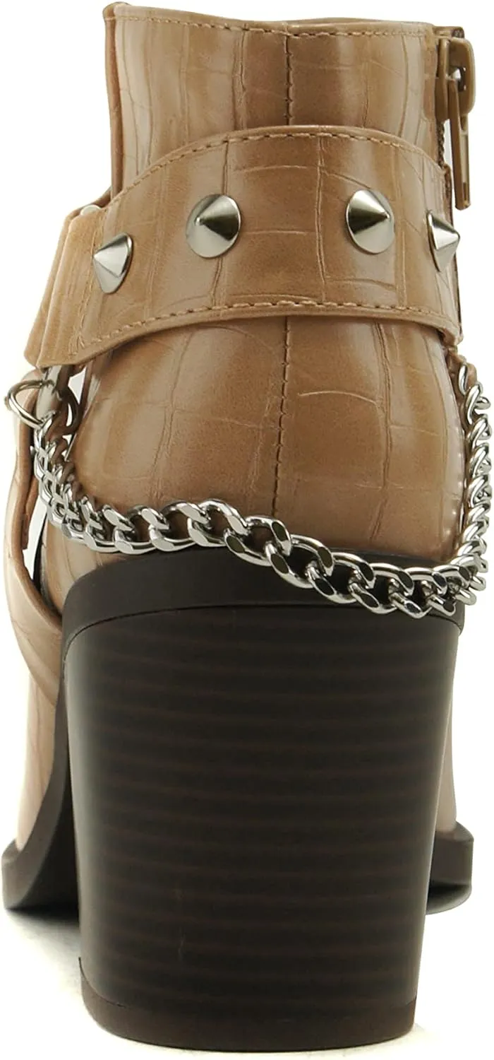 Soda ECOMM – Women Pointed Toe Stacked Block Heels Boot W/Gleaming Chain On Studded Ankle Harness Back Strap w/Functional Zipper