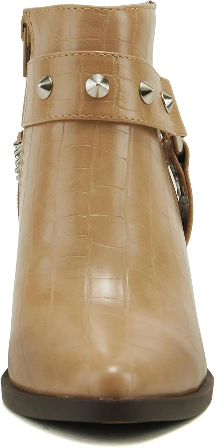 Soda ECOMM – Women Pointed Toe Stacked Block Heels Boot W/Gleaming Chain On Studded Ankle Harness Back Strap w/Functional Zipper