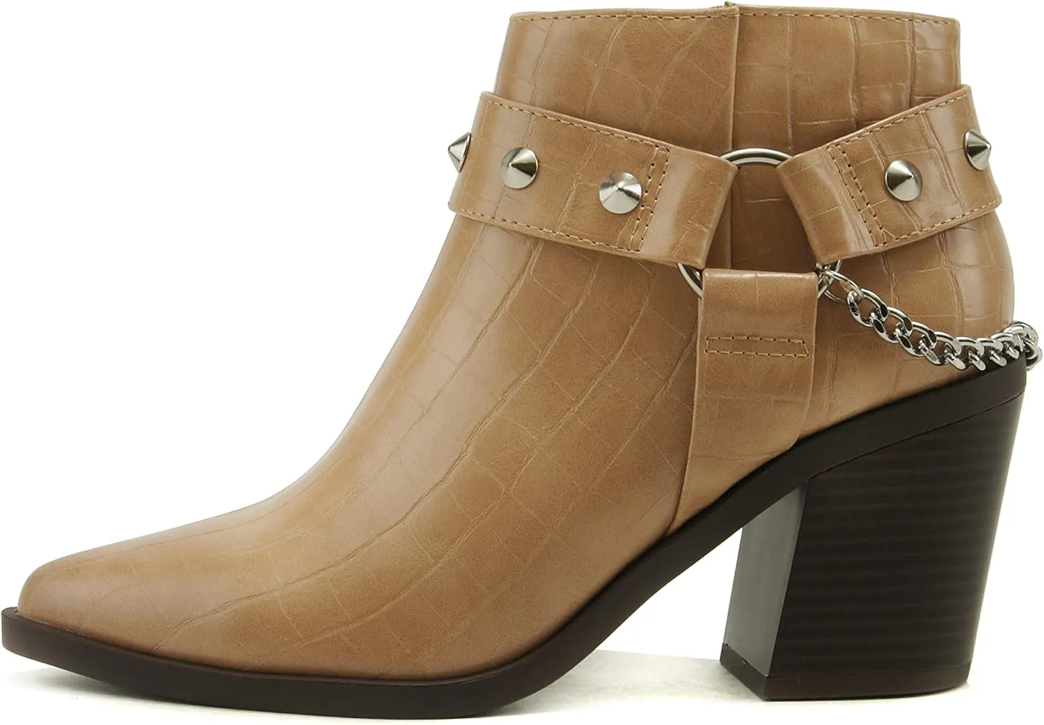 Soda ECOMM – Women Pointed Toe Stacked Block Heels Boot W/Gleaming Chain On Studded Ankle Harness Back Strap w/Functional Zipper