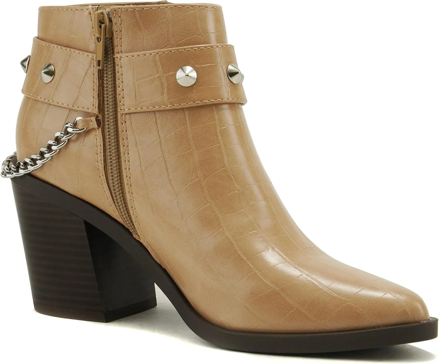 Soda ECOMM – Women Pointed Toe Stacked Block Heels Boot W/Gleaming Chain On Studded Ankle Harness Back Strap w/Functional Zipper