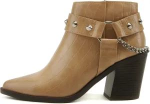 Soda ECOMM – Women Pointed Toe Stacked Block Heels Boot W/Gleaming Chain On Studded Ankle Harness Back Strap w/Functional Zipper
