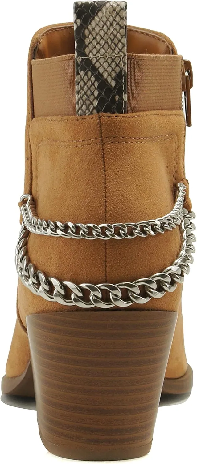 Soda QUE – Western Inspired Stacked Heels Fashion Bootie & Gleaming Chain Back Strap w/Functional Zipper