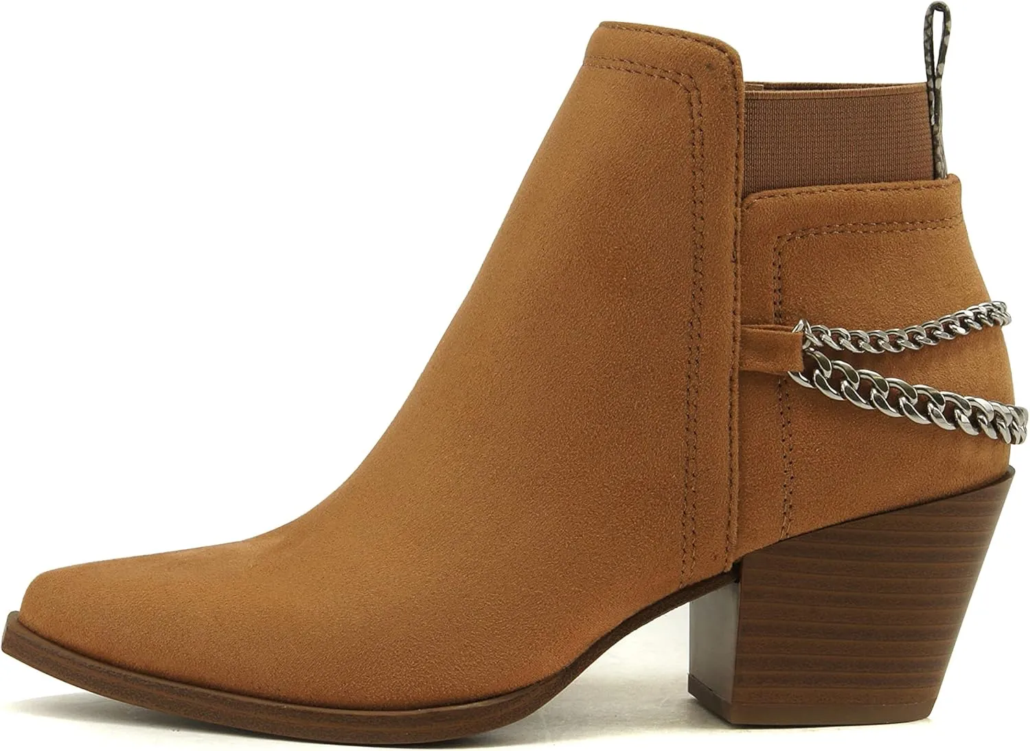 Soda QUE – Western Inspired Stacked Heels Fashion Bootie & Gleaming Chain Back Strap w/Functional Zipper
