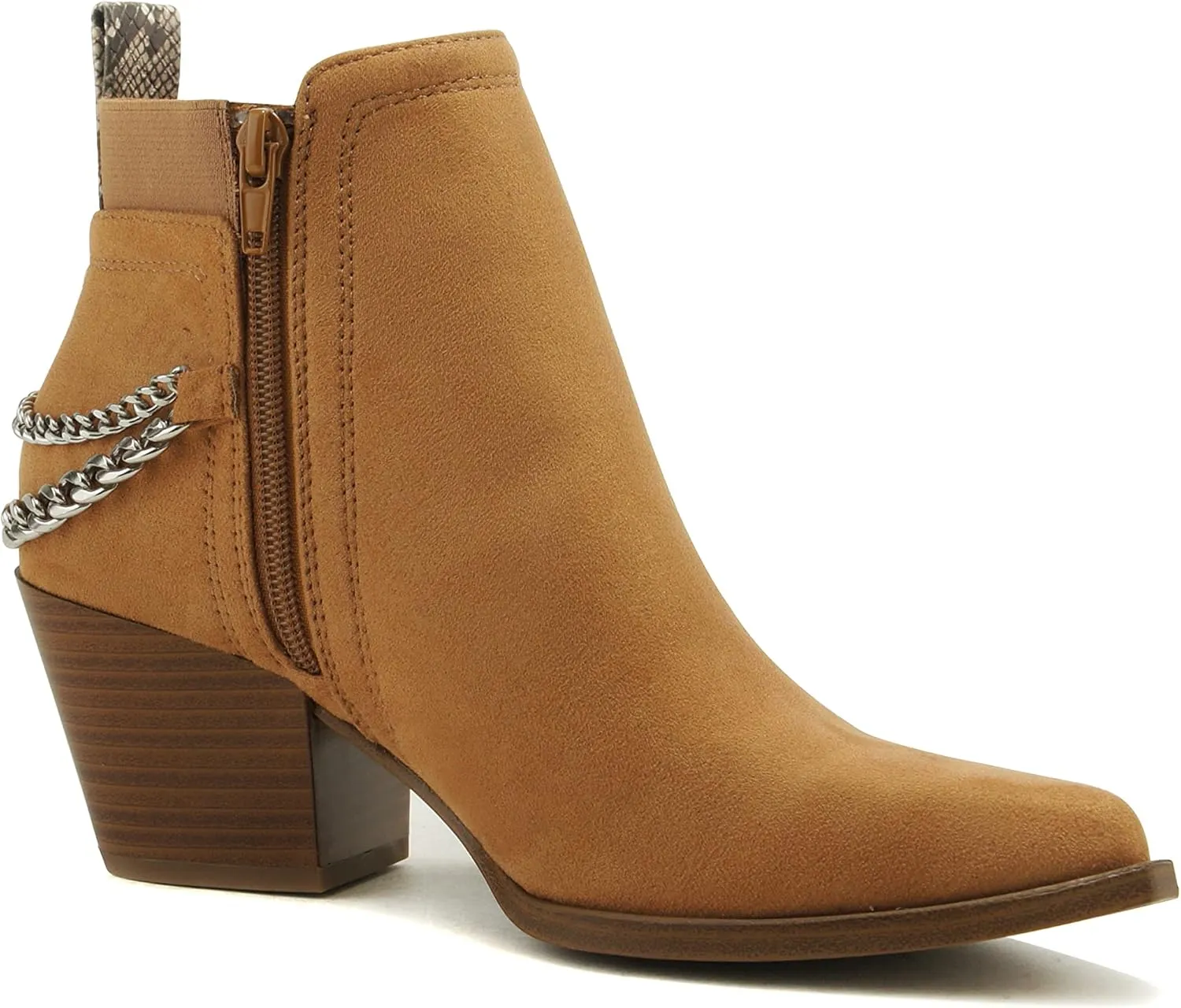 Soda QUE – Western Inspired Stacked Heels Fashion Bootie & Gleaming Chain Back Strap w/Functional Zipper