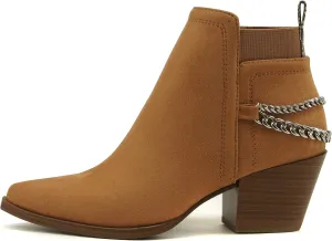 Soda QUE – Western Inspired Stacked Heels Fashion Bootie & Gleaming Chain Back Strap w/Functional Zipper