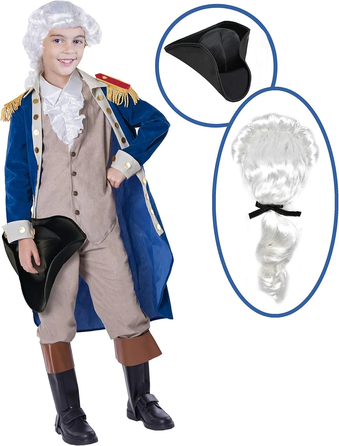 Spooktacular Creations George Washington Costume for Kids, Colonial Boys Costume with Wig and Hat for Halloween DressUp Party