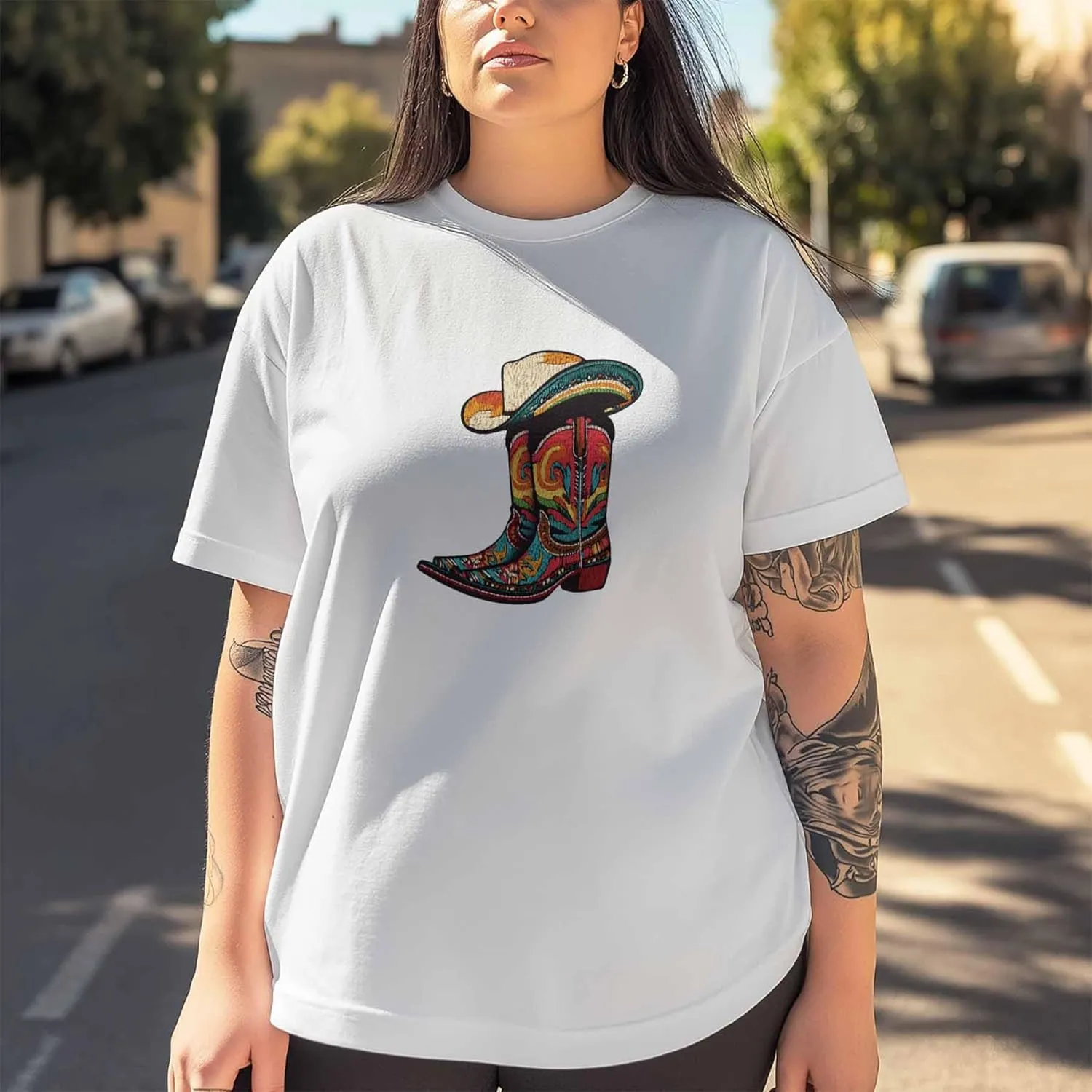T-Shirts for Women Western Cowboy Boot Hat Women's Tops Crew Neck Short Sleeve Tees